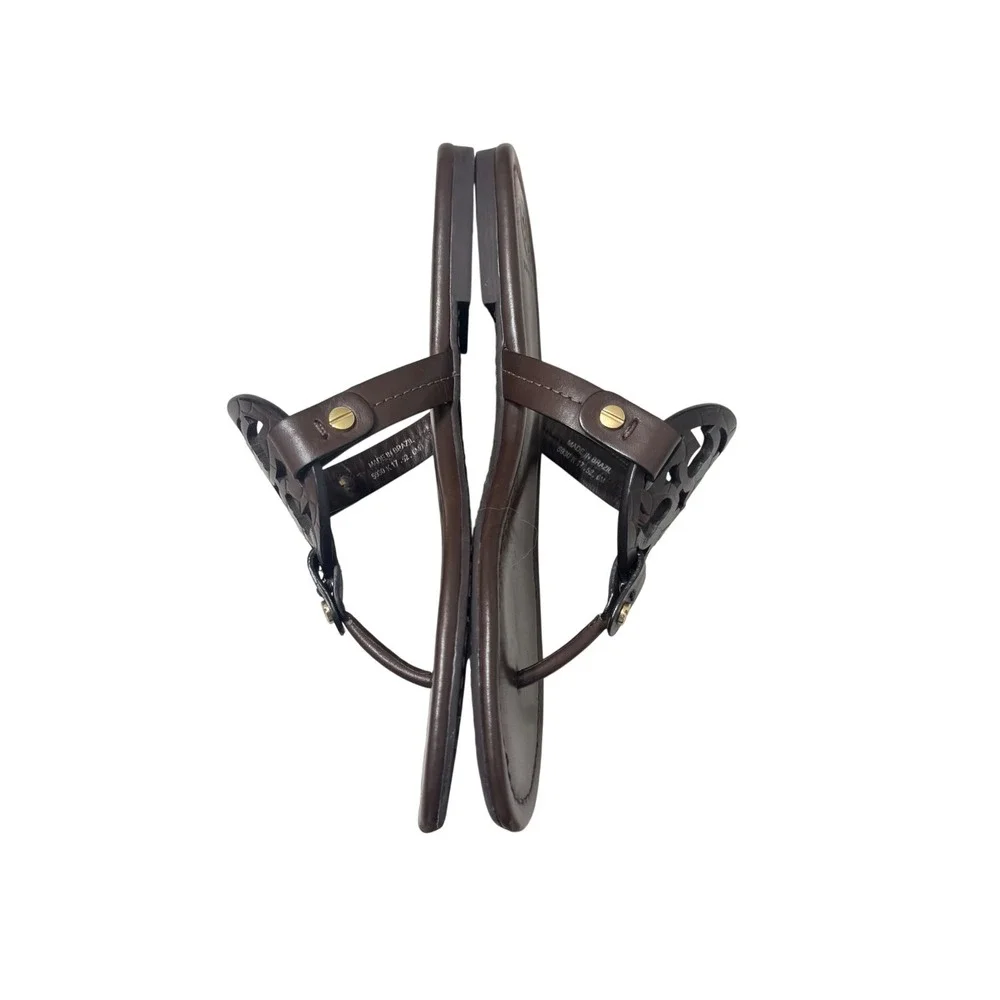 Tory Burch Miller Sandals Womens 6 Brown Leather Logo Thong Flat 5930 K17